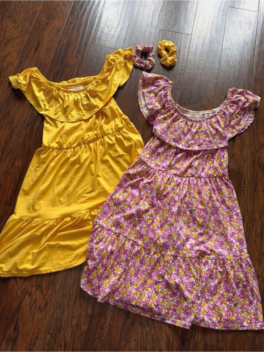 btween Yellow Solid & Pink Floral Ruffle Neck Dresses with Scrunchies